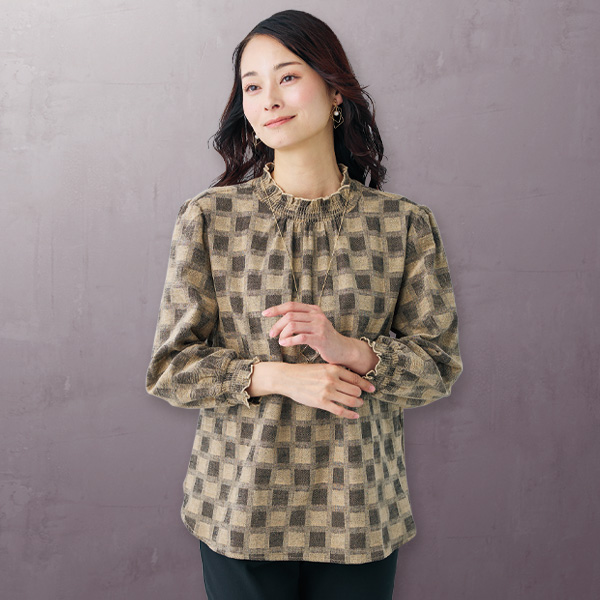 先染めブロック柄ブラウス