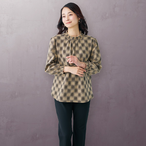 先染めブロック柄ブラウス