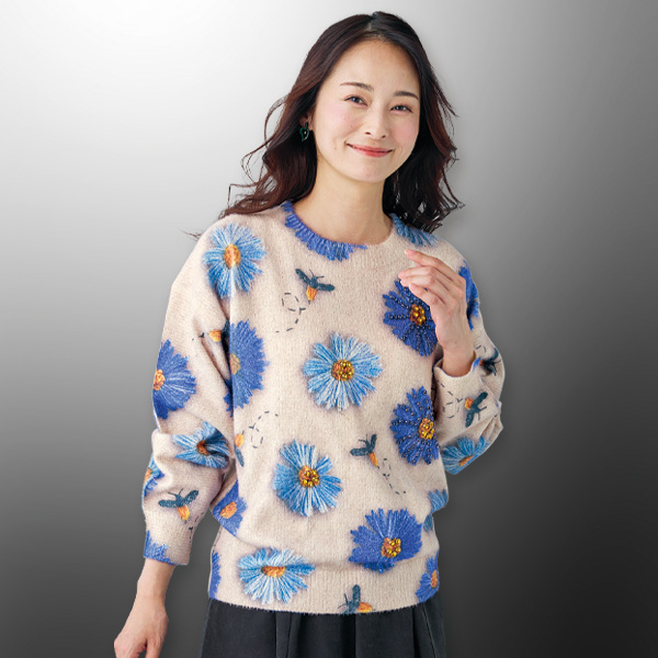 ビジュー付花柄セーター