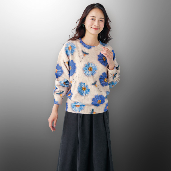 ビジュー付花柄セーター