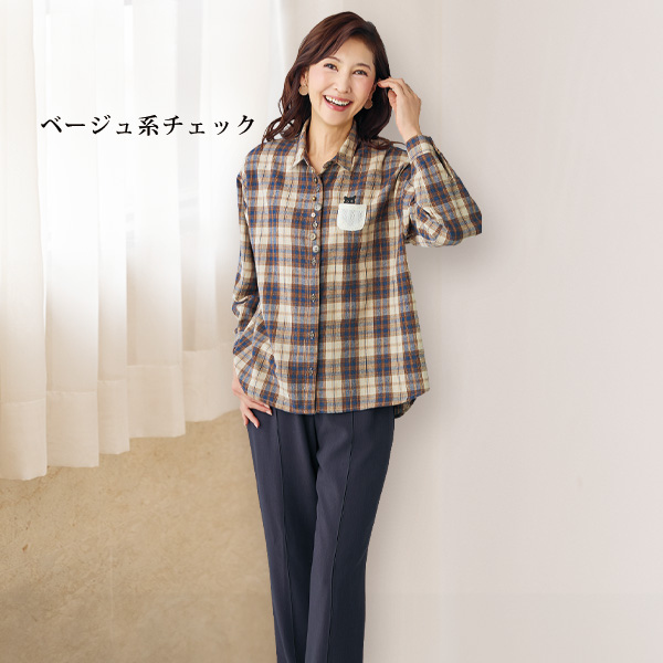 多ボタンデザインねこ刺しゅうシャツ