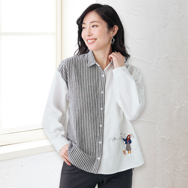 モチーフ刺しゅうパッチワークシャツ