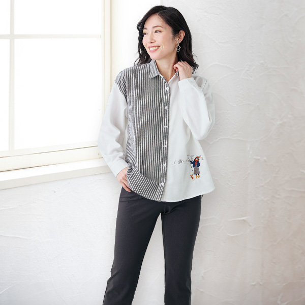 モチーフ刺しゅうパッチワークシャツ