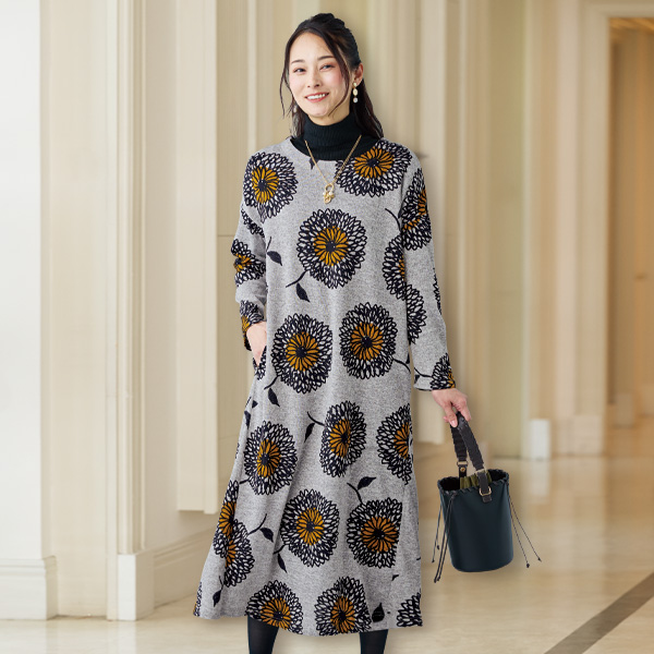 ダリア柄プリントワンピース