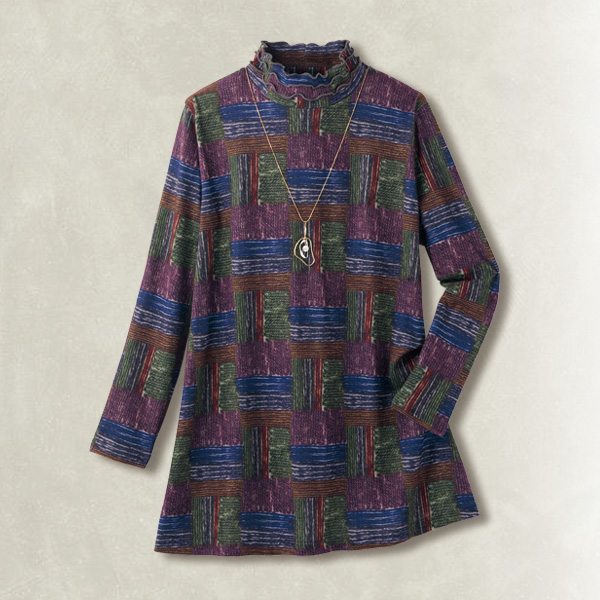 フリル襟起毛プリントチュニック