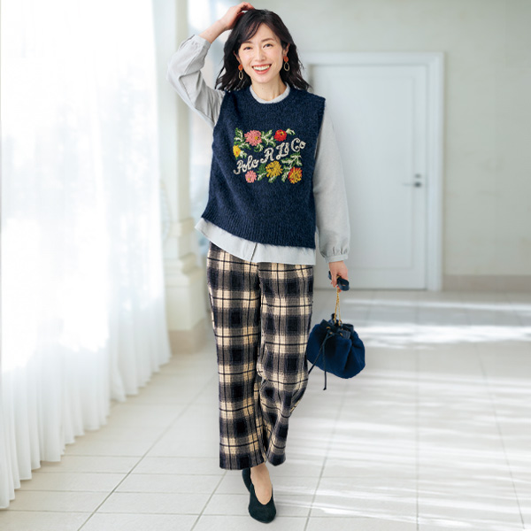 モール調起毛チェックワイドパンツ