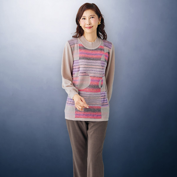 かすり使いウール混ジャカードチュニックニット 大きいサイズ M L LL 3L