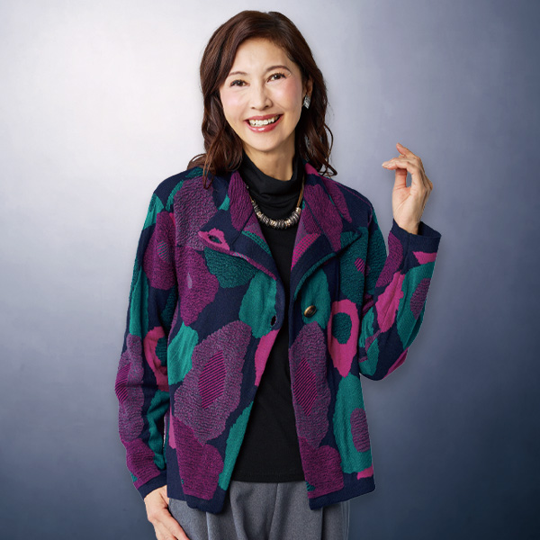 ウール混ふくれジャカードニットジャケット