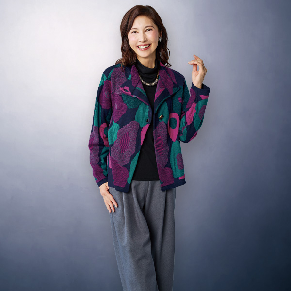 ウール混ふくれジャカードニットジャケット