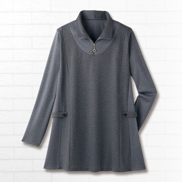 ストライプ切替えジップ使いロングプルオーバー