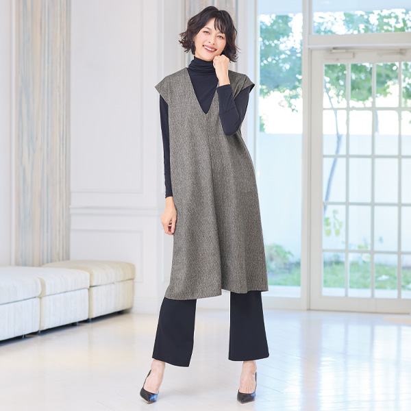 尾州ウール混ロングベストワンピース 大きいサイズ M LL 4L