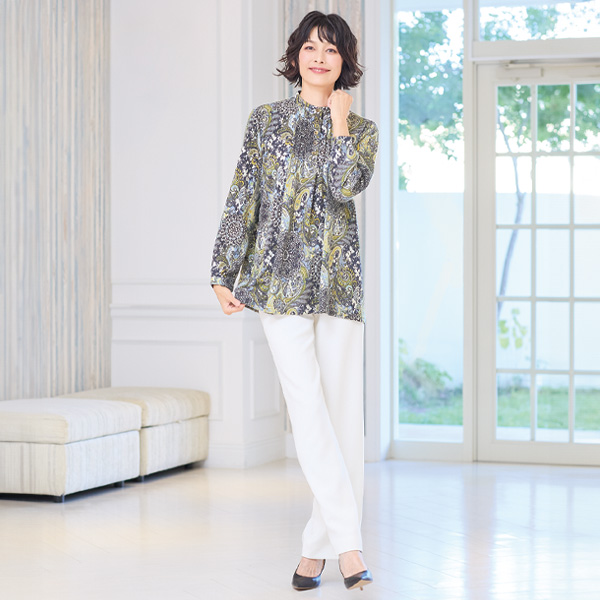 総柄プリントピンタックチュニック 大きいサイズ M LL 4L