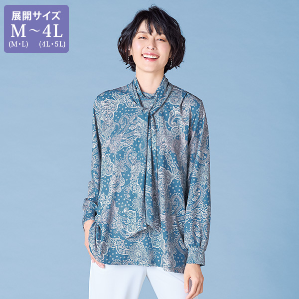 プリントボウタイジャージーブラウス 大きいサイズ M LL 4L