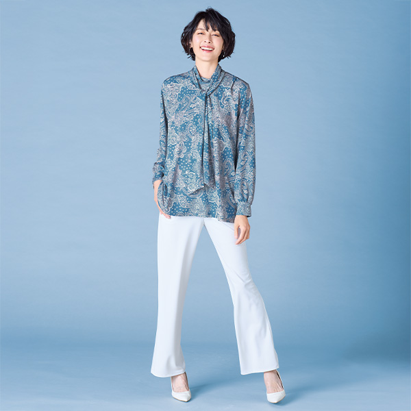 プリントボウタイジャージーブラウス 大きいサイズ M LL 4L