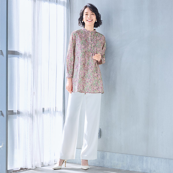 ピンタックプリントチュニックブラウス 大きいサイズ M LL 4L