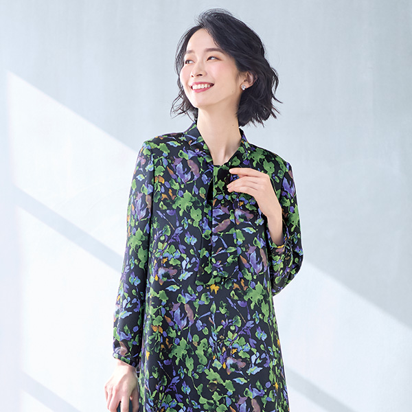 サテンプリントボウタイワンピース 大きいサイズ M LL 4L