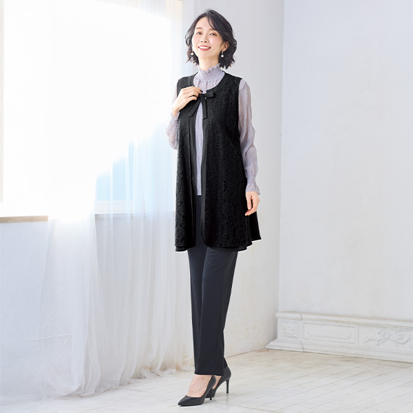 異素材切替えレースロングベスト 大きいサイズ M LL 4L