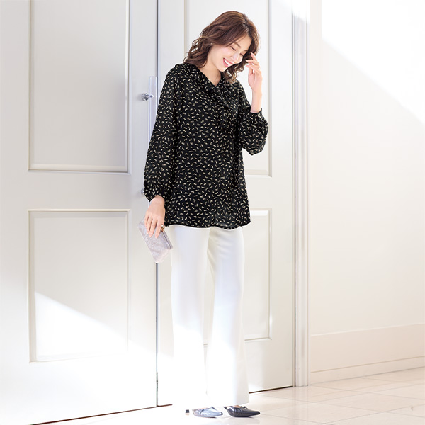 ラッフル襟プリントブラウス 大きいサイズ M LL 4L