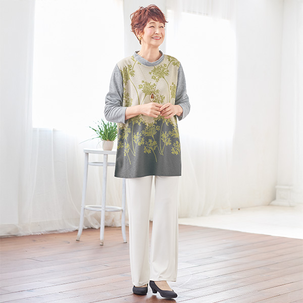 ボタニカル柄ラインストーン付チュニック 大きいサイズ M LL 3L