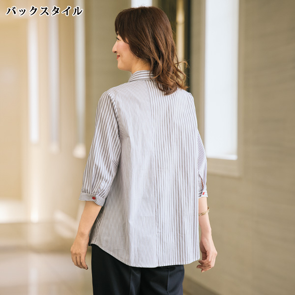 ストライプ切替えカラー使い綿ボタンブラウス