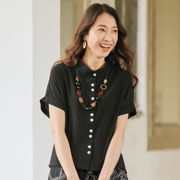 綿麻ジャカード多ボタンブラウス