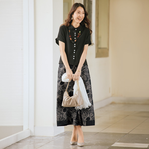 綿麻ジャカード多ボタンブラウス