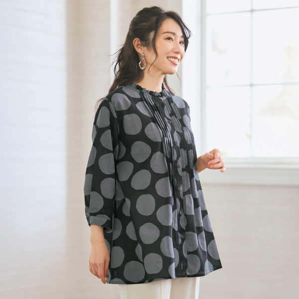 七分袖ドット柄オーバーシャツ