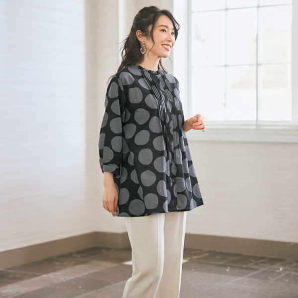 七分袖ドット柄オーバーシャツ