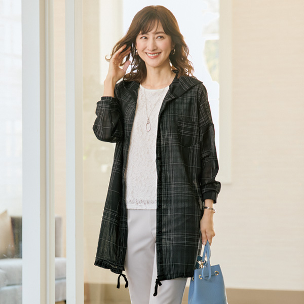 フード付格子柄シャツジャケット