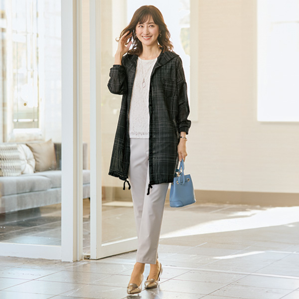 フード付格子柄シャツジャケット