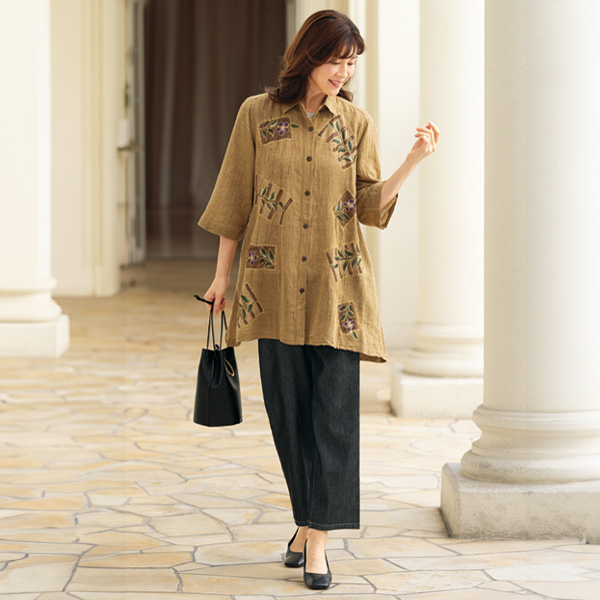 手描きプリント＋刺しゅう使い綿麻ブラウスジャケット