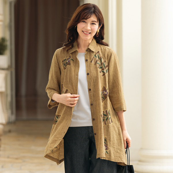 手描きプリント＋刺しゅう使い綿麻ブラウスジャケット