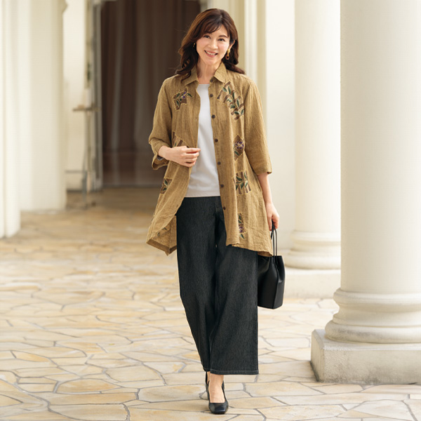 手描きプリント＋刺しゅう使い綿麻ブラウスジャケット