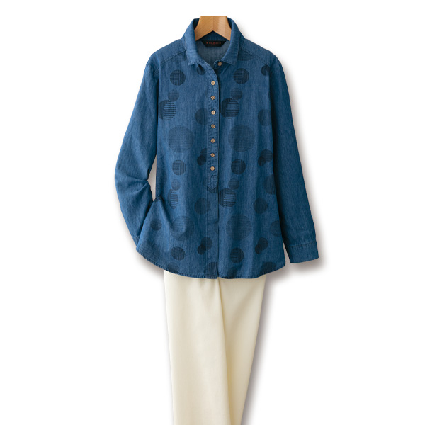 綿デニム花型ボタン使いシャツジャケット 大きいサイズ M L LL 3L