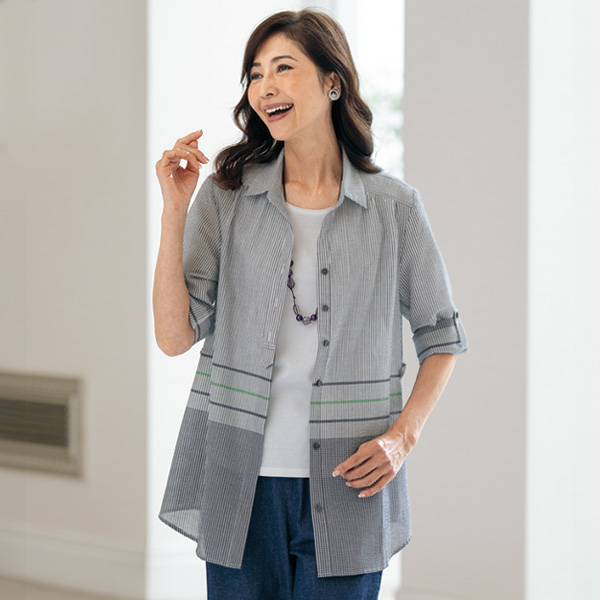 ネックレス付配色ストライプチュニックブラウス