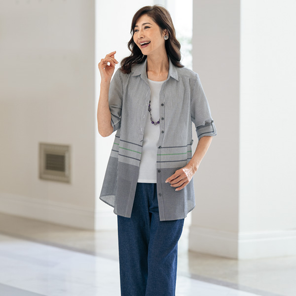 ネックレス付配色ストライプチュニックブラウス