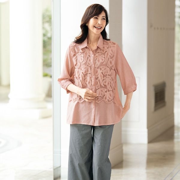 製品染めレース切替えシャツブラウス