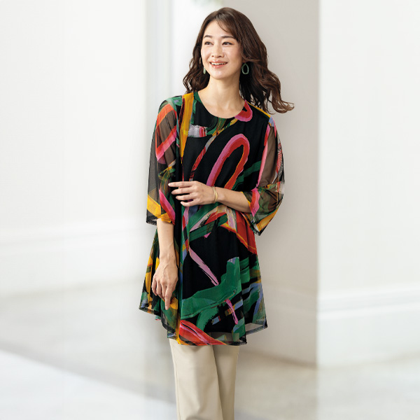 変形サークル柄パワーネットフレアチュニック