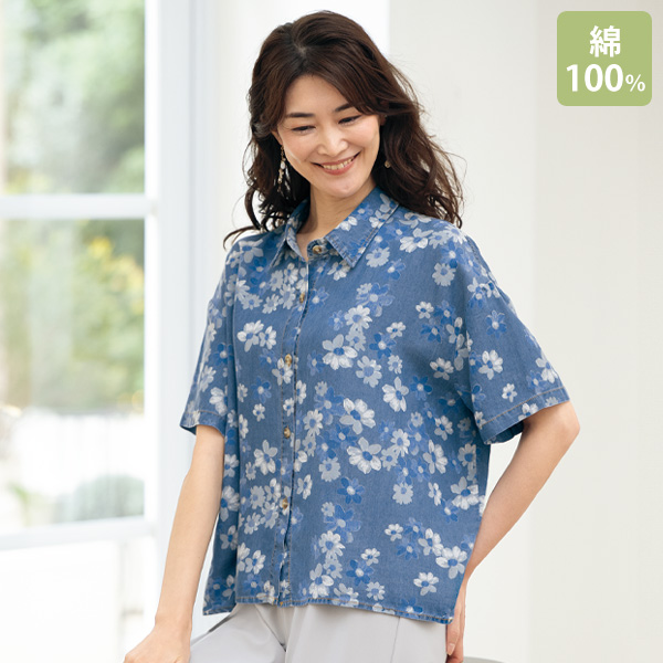 綿デニムプリントブラウス