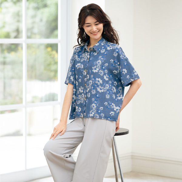 綿デニムプリントブラウス