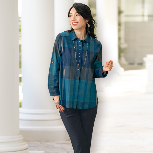 綿100％先染めチェック花飾りボタン使いブラウスジャケット 大きいサイズ M L LL 3L