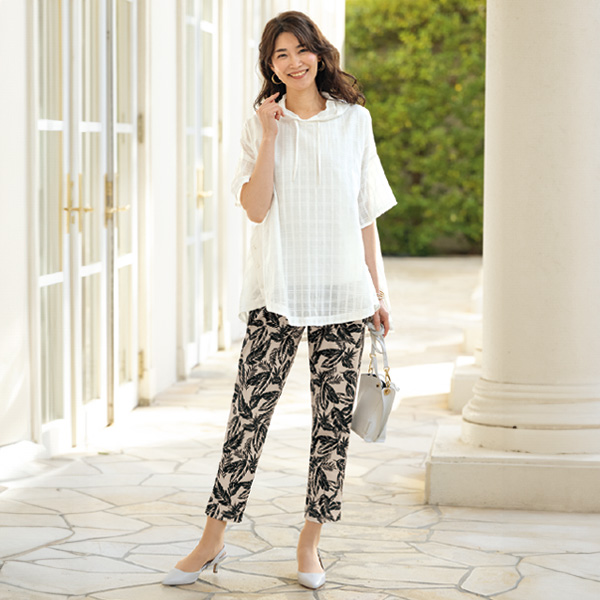 綿チェックジャカードフード付チュニックブラウス