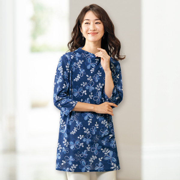 フラワー柄ロングプルオーバー