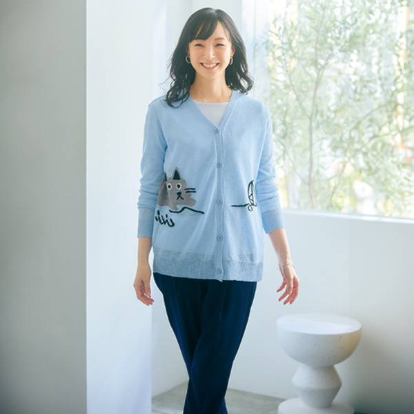 ネコ柄ジャカードニットカーディガン