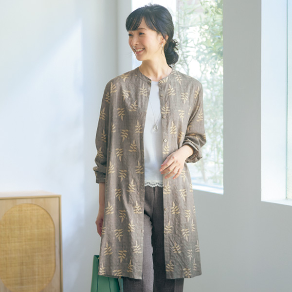 リーフプリントバンドカラーシャツチュニック