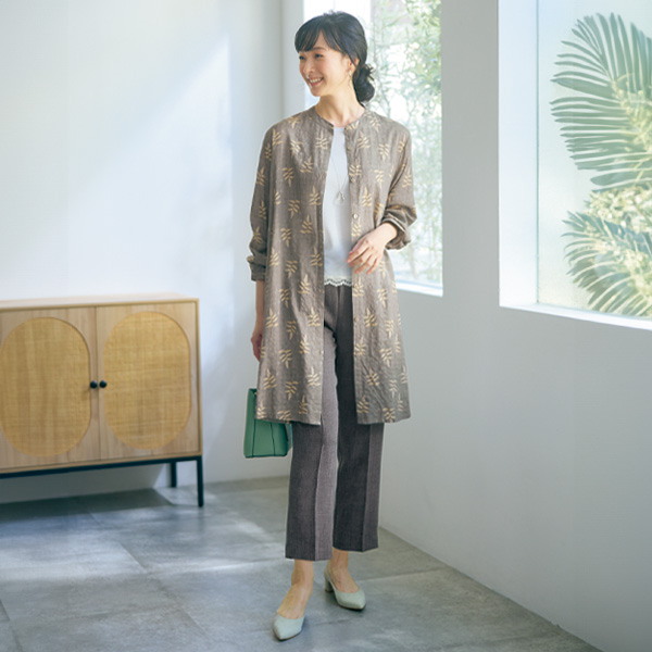 リーフプリントバンドカラーシャツチュニック