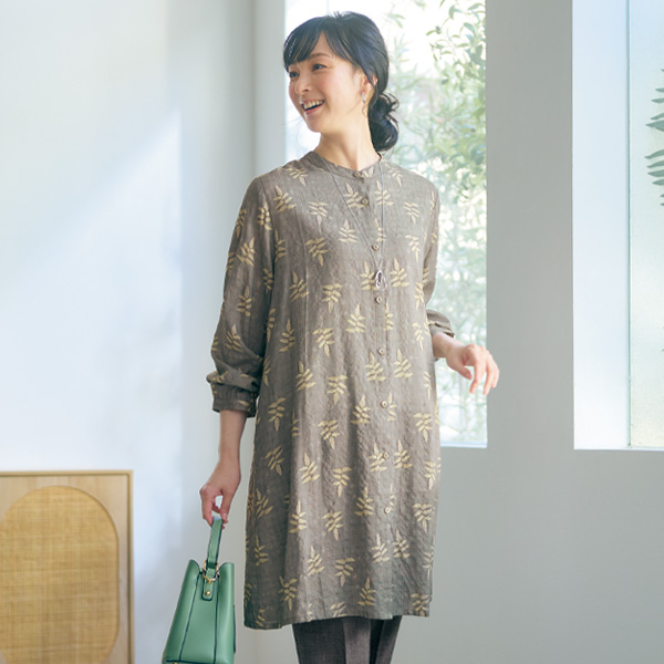 リーフプリントバンドカラーシャツチュニック
