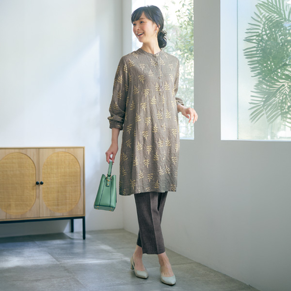 リーフプリントバンドカラーシャツチュニック
