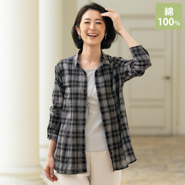 シアーチェックピンタックデザイン シャツチュニック