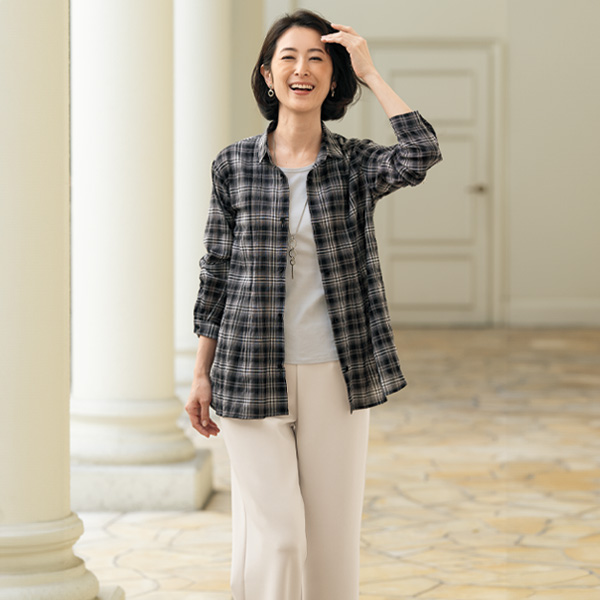 シアーチェックピンタックデザイン シャツチュニック